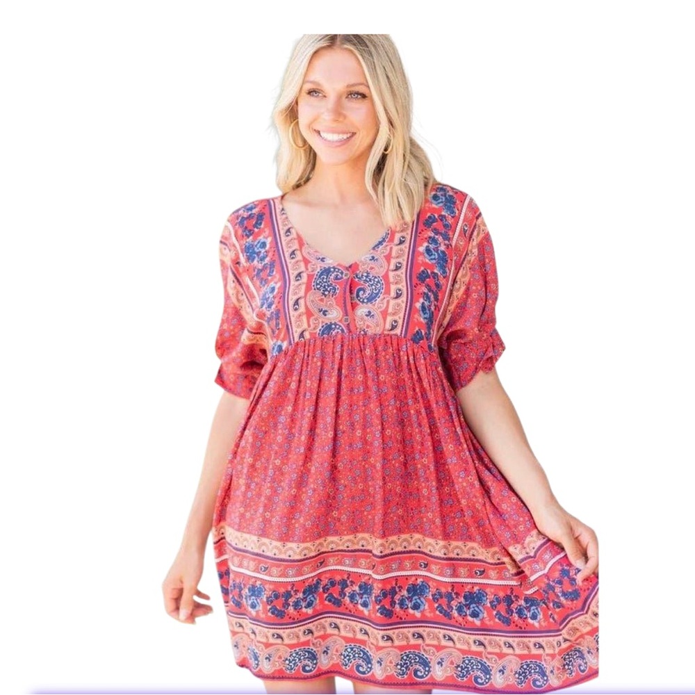 Umgee MIXED PRINT BOHEMIAN DRESS, RED Flutter Sleeve dress